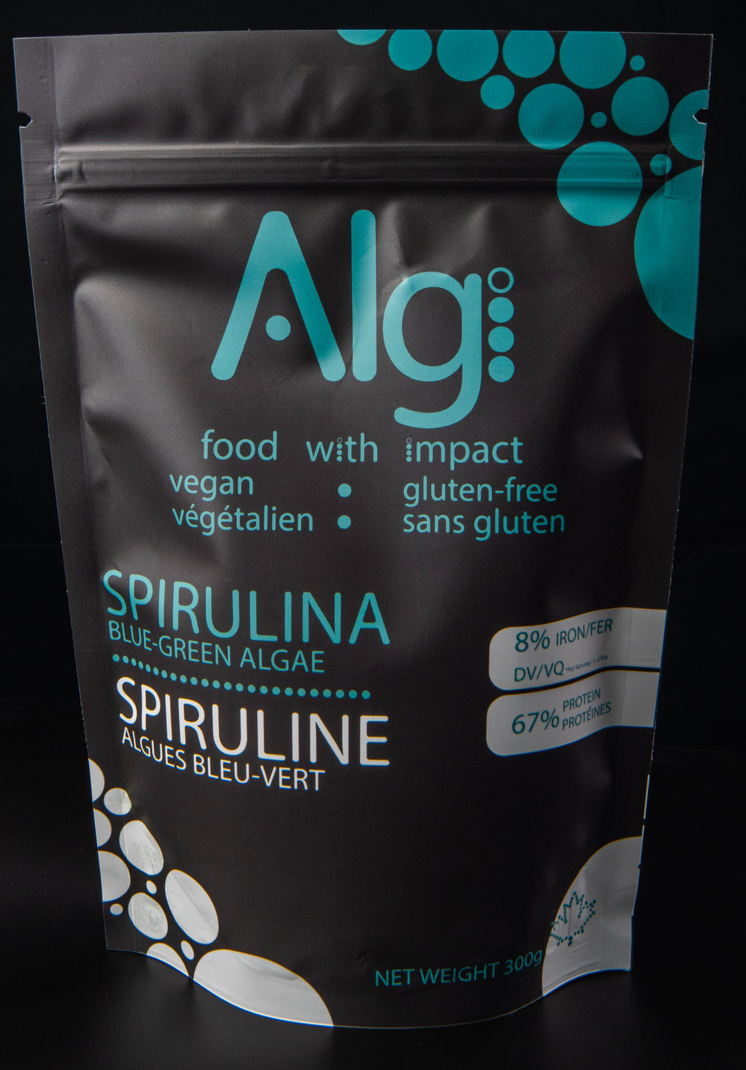 300g of Algi organic spirulina blue green algae powder, high in iron and protein, vegan and gluten free