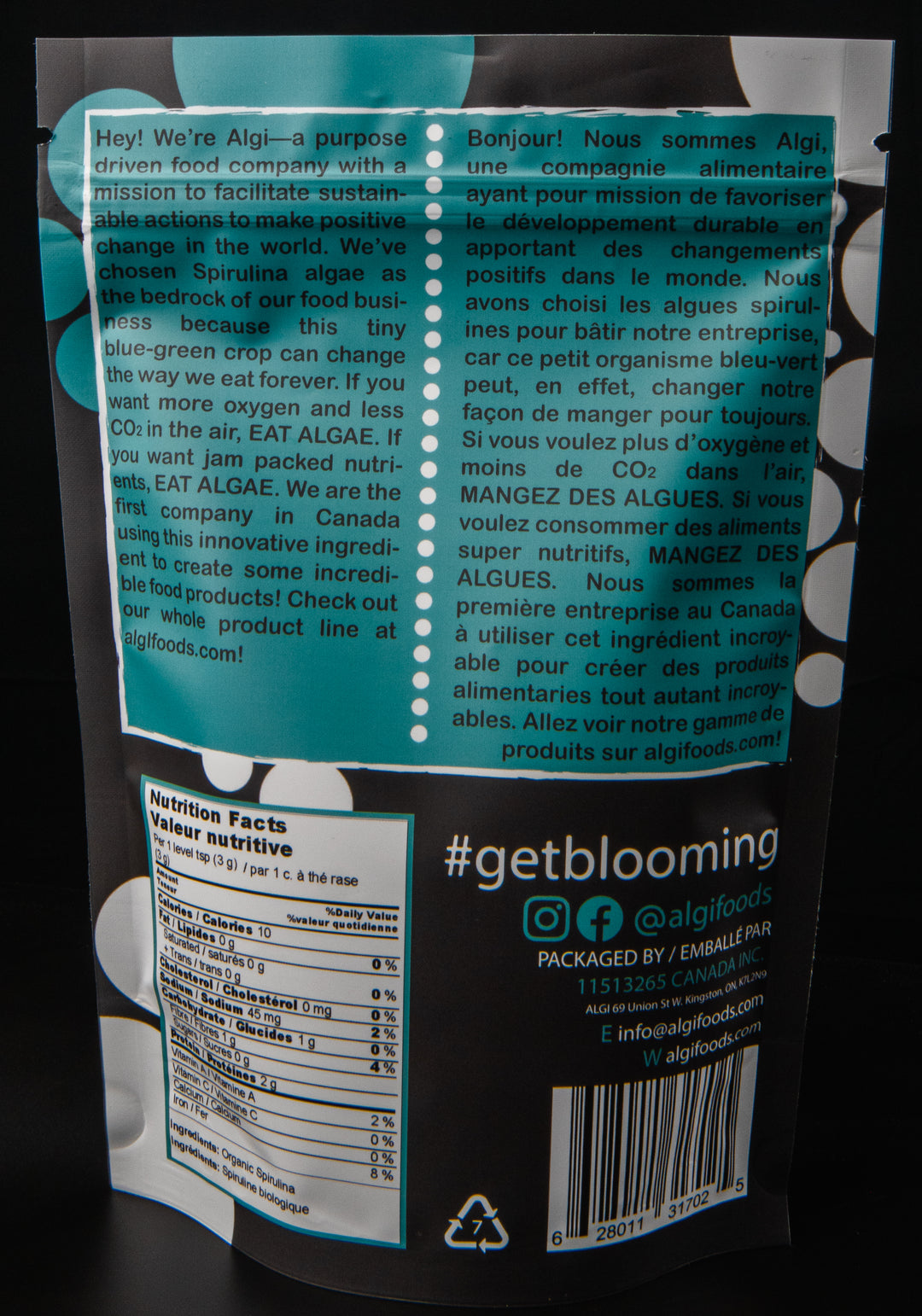300g of Algi organic spirulina blue green algae powder, high in iron and protein, vegan and gluten free. Back panel with nutrition information and ingredients